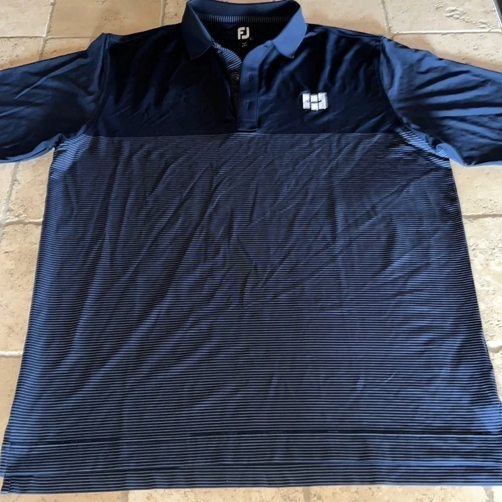 Mens Footjoy Striped Navy Blue Short Sleeve Polo Golf Shirt Sz Large